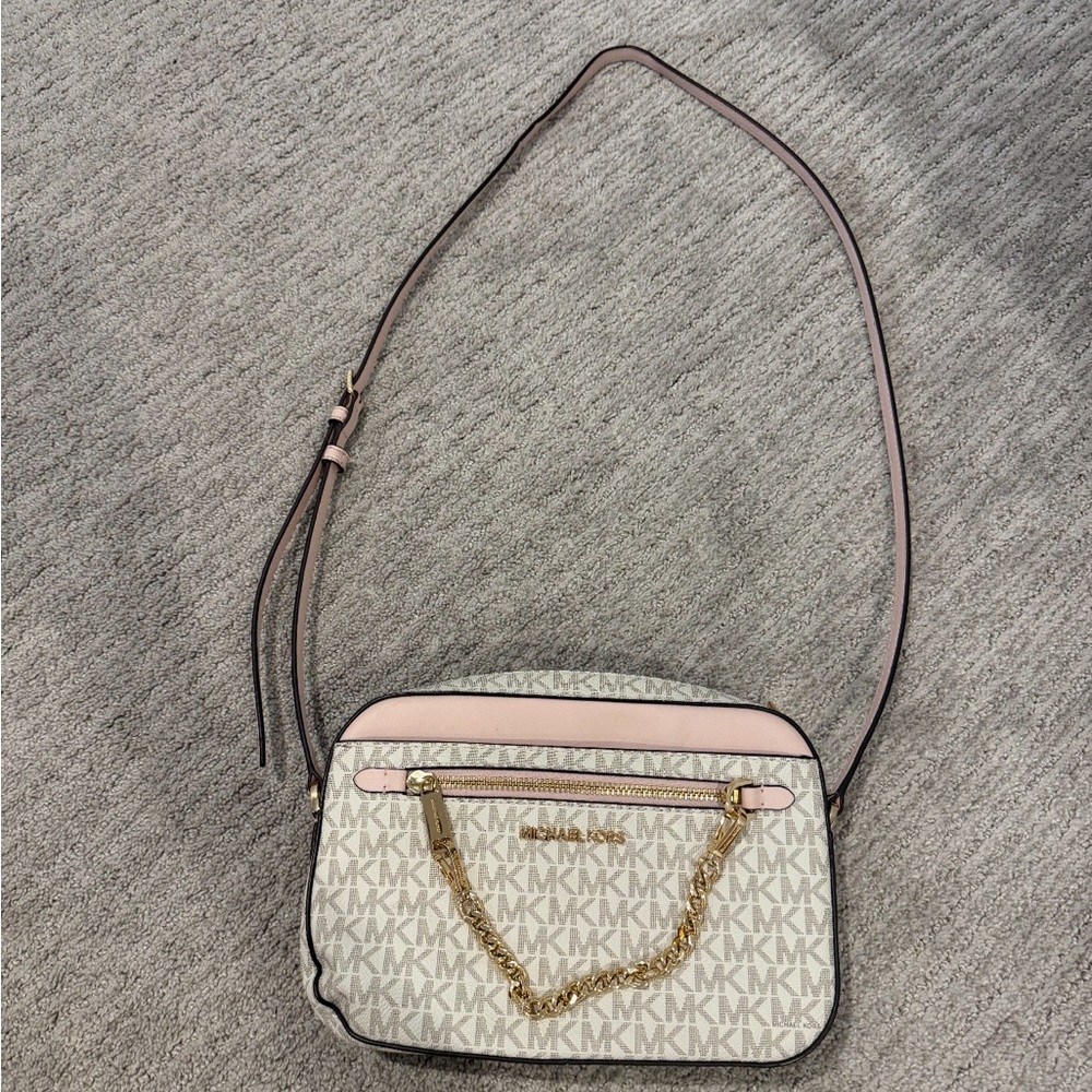 Michael Kors Cream & Pink Logo Crossbody Bag with Gold Chain